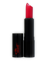 A deep strawberry red classic lipstick.